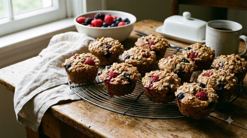 Hearty double berry oatmeal mini muffins with visible oats and bursts of red and blue berries cooling on a wire rack Rus