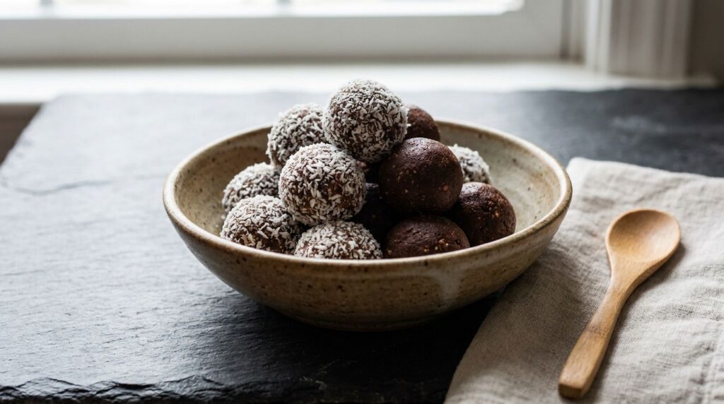 A small bowl filled with no-bake chocolate peanut butter energy balls some coated in shredded coconut others plain They 