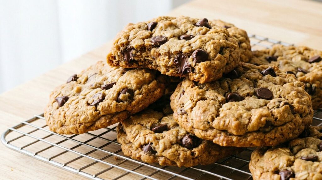 A stack of golden brown peanut butter banana oat cookies on a cooling rack with a few chocolate chips visible The cookie