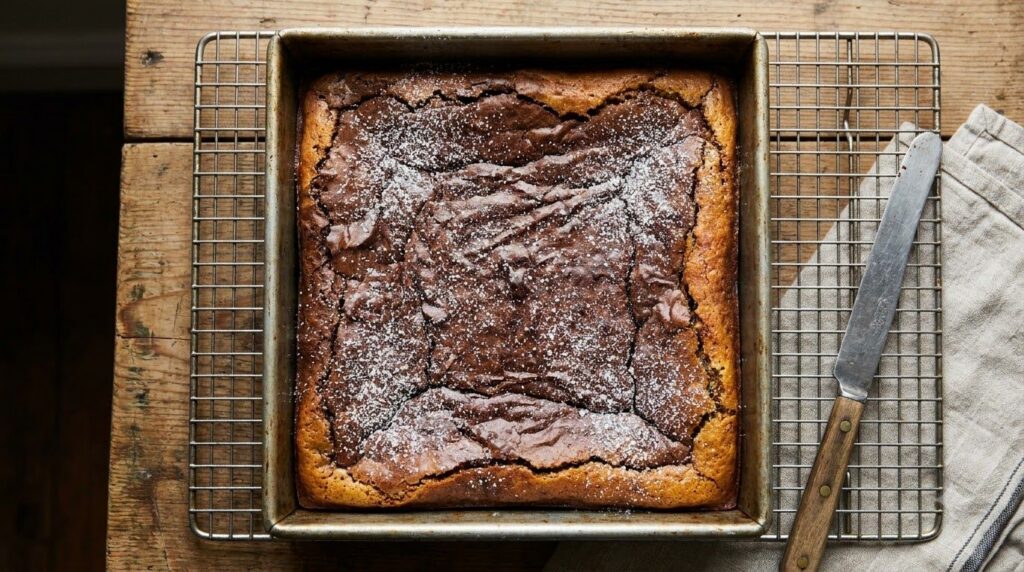 A pan of freshly baked fudgy flourless banana brownies cooling on a wire rack The brownies are dark and look rich with a