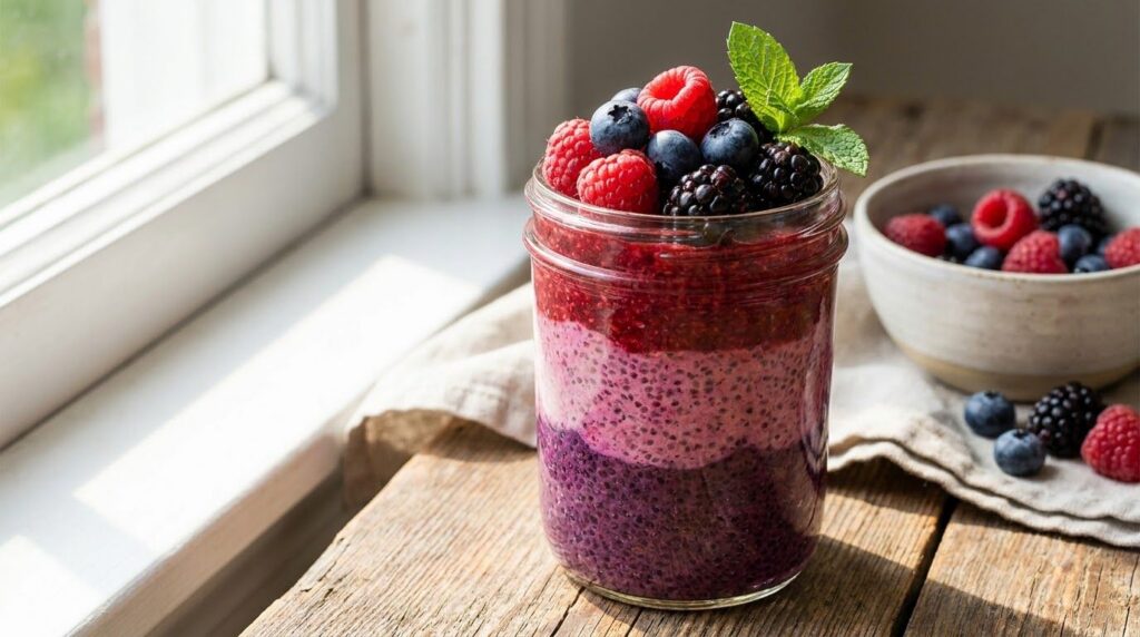 A glass jar of vibrant berry chia pudding layered with fresh mixed berries and topped with a sprig of mint The pudding l