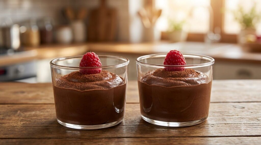 Two individual servings of rich dark avocado chocolate mousse in small clear glasses garnished with a single fresh raspb