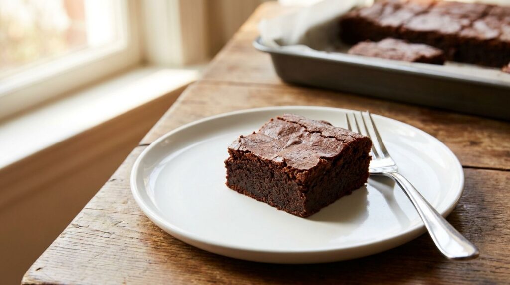 A slice of moist sweet potato brownie on a white plate showing the dense texture A fork is next to it and the rest of th