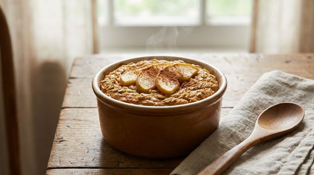A single serving of warm apple cinnamon baked oats in a small ceramic ramekin topped with sliced apples and a sprinkle o