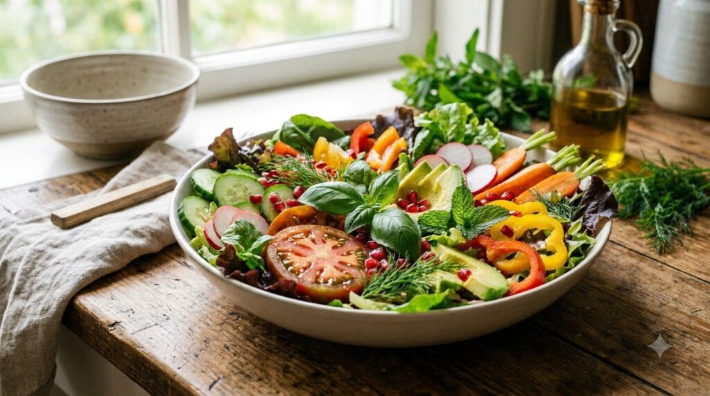 A close-up shot of a healthy and colorful salad topped with fresh herbs showcasing a vibrant array of vegetables and spi