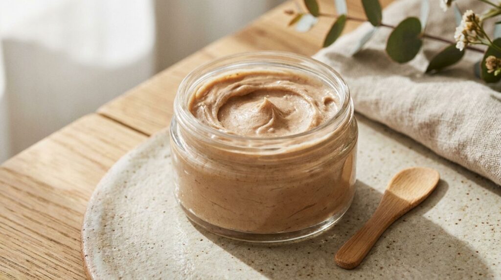 A small clean glass jar filled with a homemade light brown creamy substance possibly the DIY collagen cream The jar is o