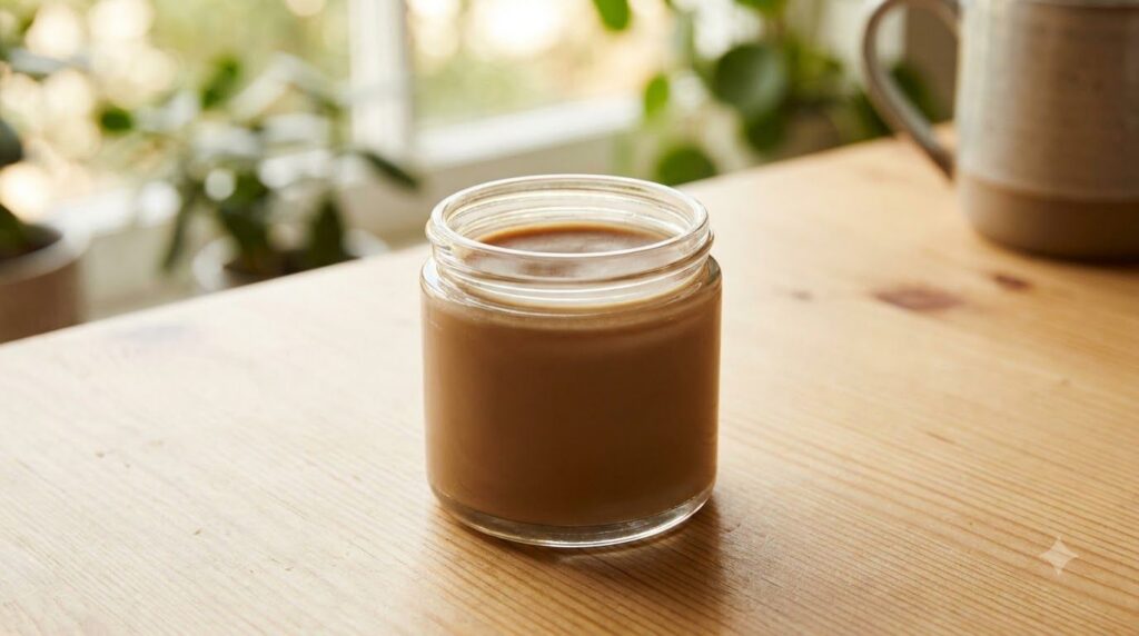 A small clear glass jar filled with the finished DIY coffee and Vaseline overnight balm looking smooth and creamy placed