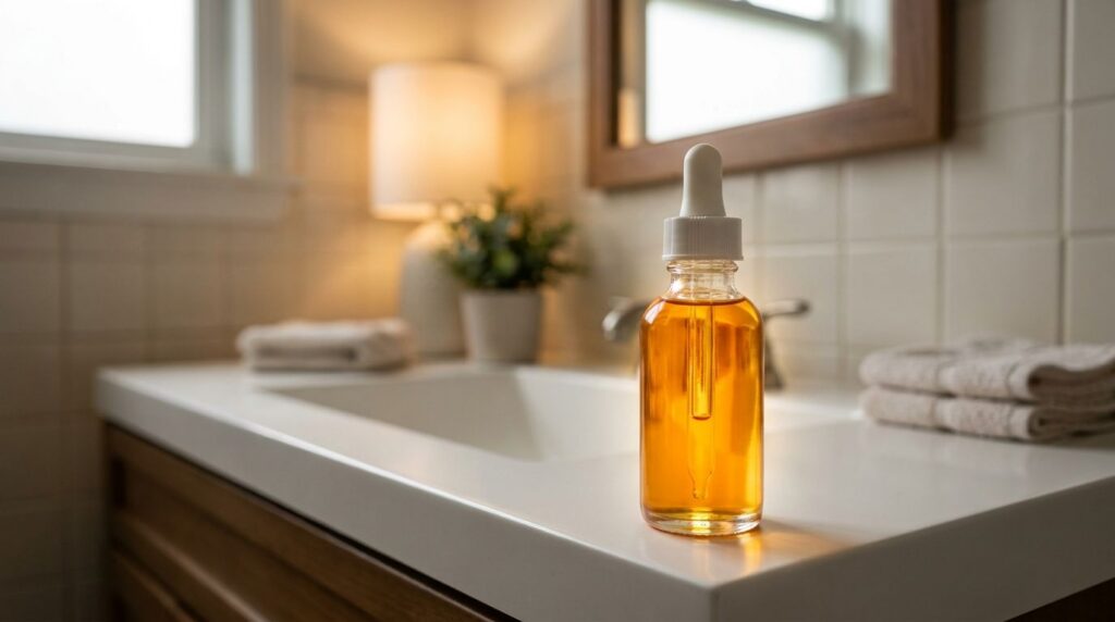 A dropper bottle filled with golden homemade infused oil with a subtle glow placed on a clean vanity with soft lighting 