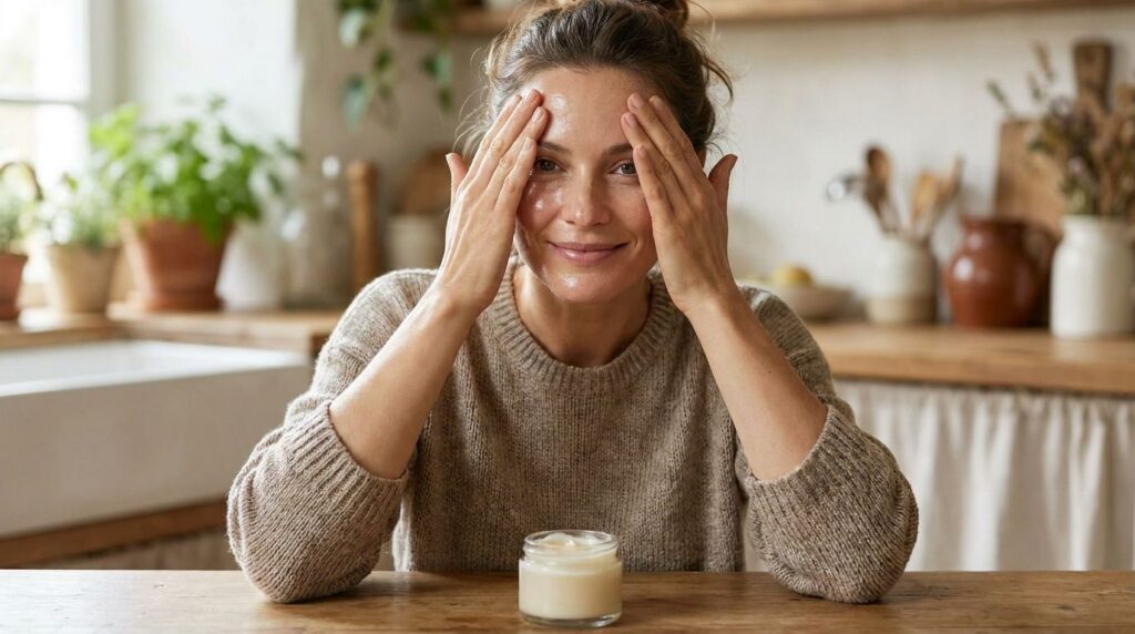A woman gently massaging the homemade balm onto her face focusing on her cheeks and forehead with a soft radiant glow on