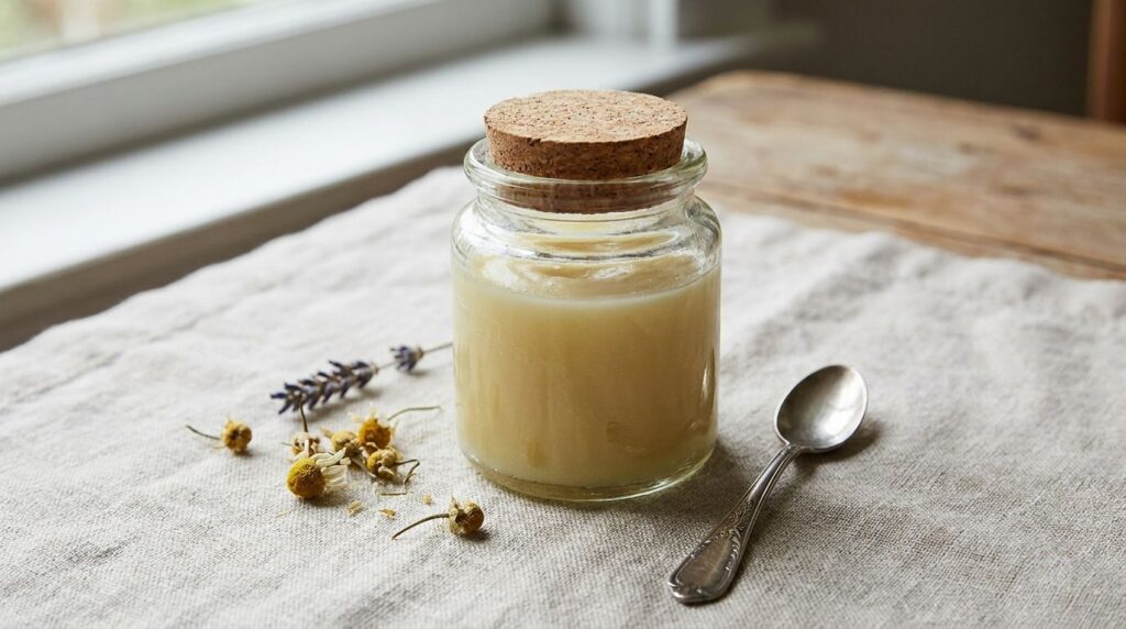 Close-up of a glass jar filled with the homemade Vaseline baby oil and honey balm with a small spoon beside it