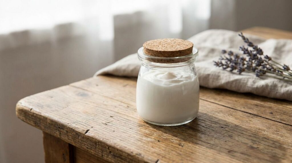 A small clean glass jar filled with the freshly made creamy mixture labeled Age-Defying Night Cream