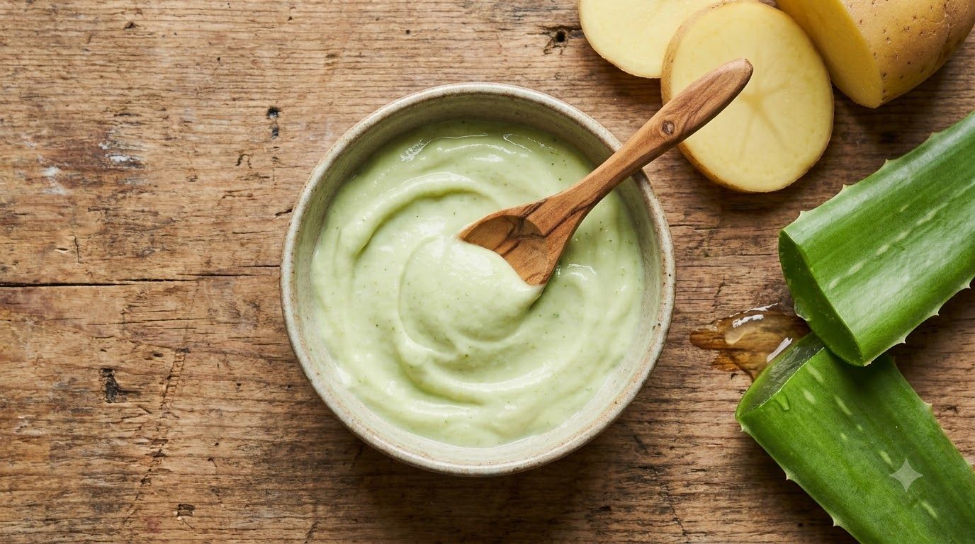 A bowl of freshly prepared potato and aloe vera face mask with a spoon next to a fresh potato and an aloe vera leaf on a