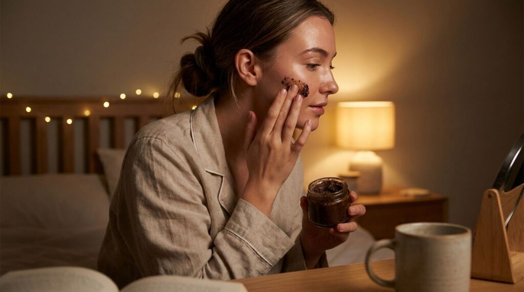 A woman gently applying the homemade Vaseline coffee and cocoa powder night treatment to her face before bed with soft a
