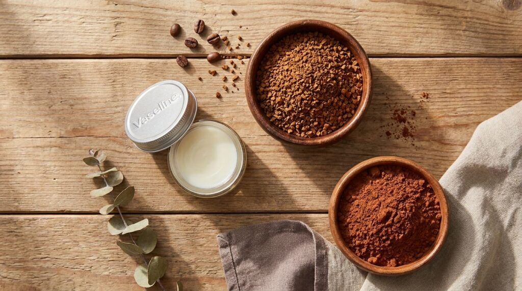 A stylish flat lay of the three main ingredients a small jar of Vaseline a bowl of instant coffee granules and a bowl of