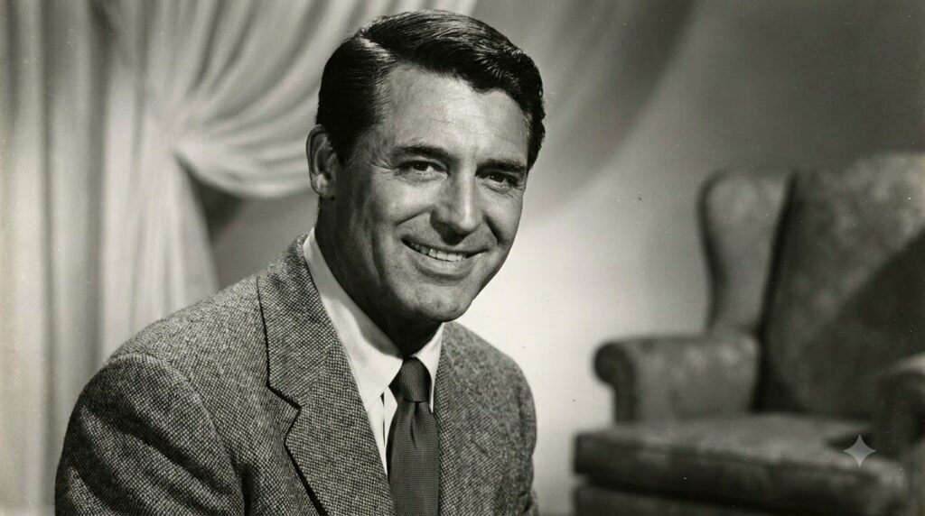 Real archival photo of Cary Grant smiling looking debonair