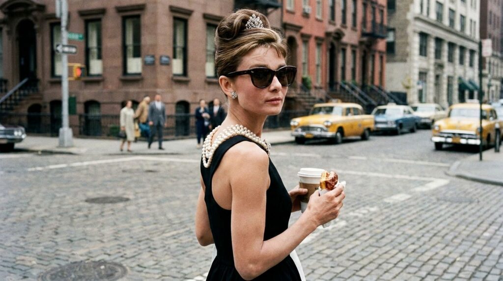 Audrey Hepburn as Holly Golightly in Breakfast at Tiffany s wearing a black dress and pearl necklace