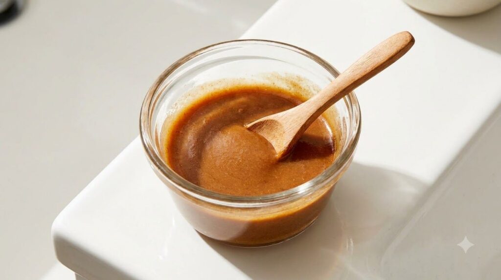 A smooth creamy mixture of cinnamon Vaseline olive oil and honey in a small bowl with a spoon ready for application