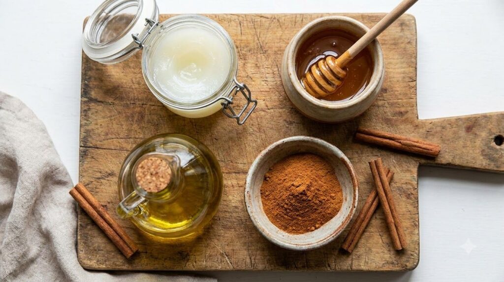 Individual ingredients a jar of Vaseline a pot of honey a bottle of olive oil and a small bowl of cinnamon powder arrang