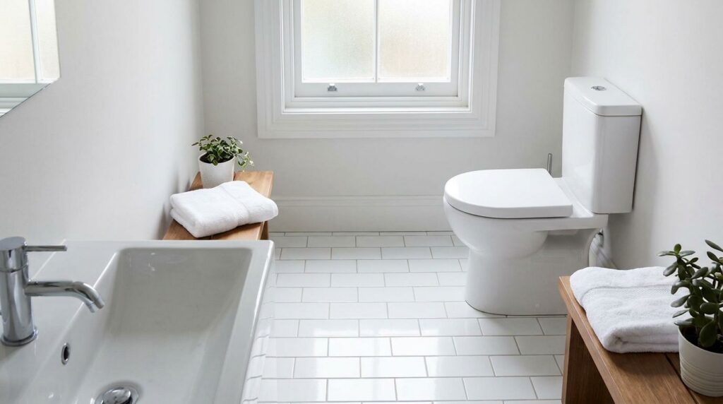 A clean sparkling bathroom showing a toilet and tiled floor highlighting the effect of hydrogen peroxide cleaning