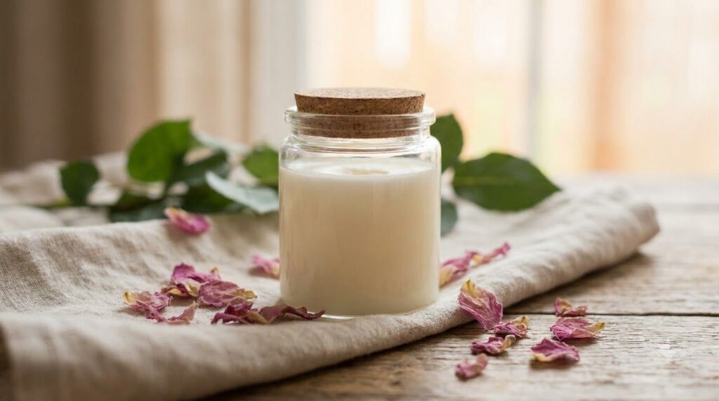 A small clear jar filled with the finished Vaseline rose water and almond oil balm with rose petals scattered around it 