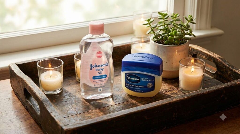 Johnson s baby oil and Vaseline Original Healing Jelly displayed on a decorative tray with lit candles and a small green