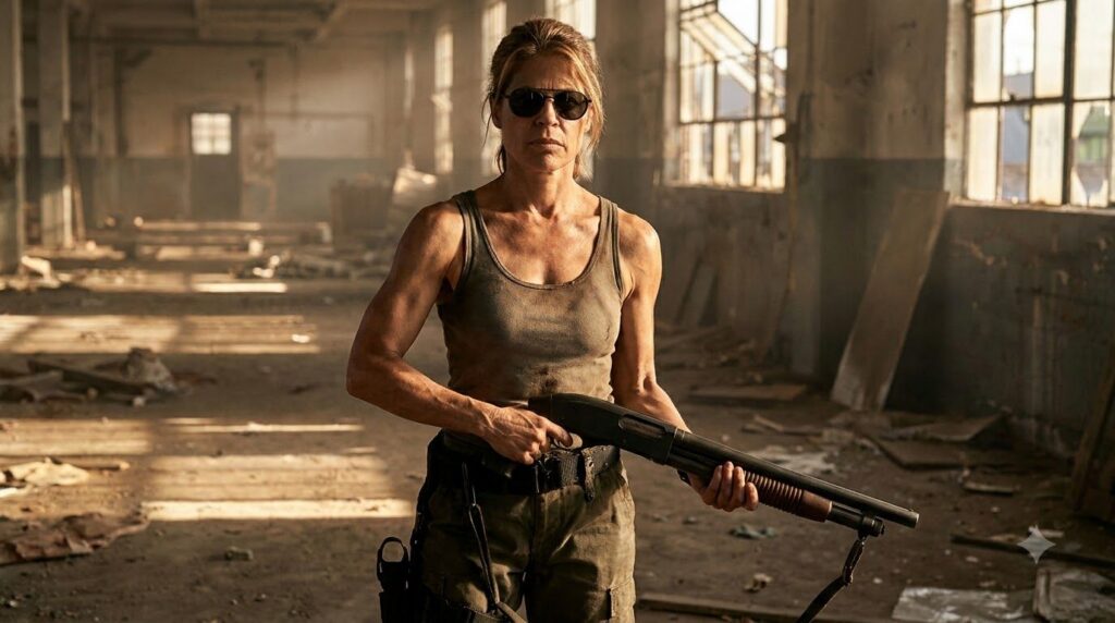 Linda Hamilton as Sarah Connor in Terminator 2 Judgment Day looking tough and muscular holding a weapon with a determine