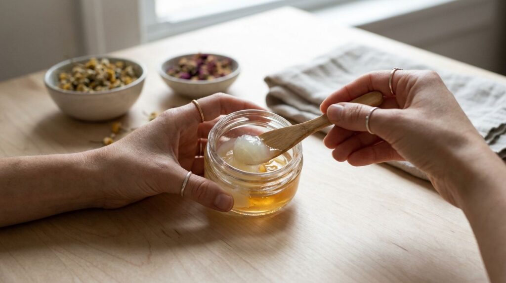 A woman gently mixing Vaseline with a natural ingredient like honey in a small clean glass jar using a wooden stick or s