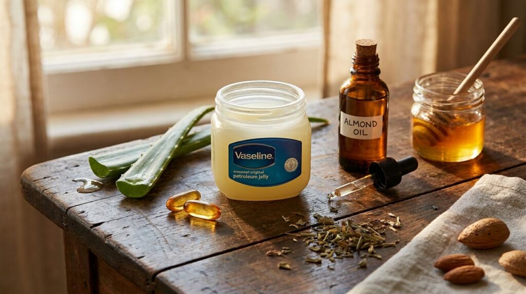 A variety of small natural ingredients like a vitamin E capsule an aloe vera leaf a small bottle of almond oil and a jar