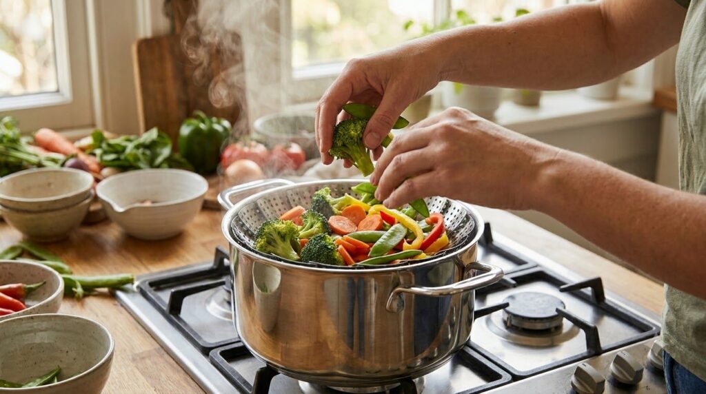 Hands placing fresh vegetables into a steamer basket over boiling water with steam rising gently highlighting healthy co