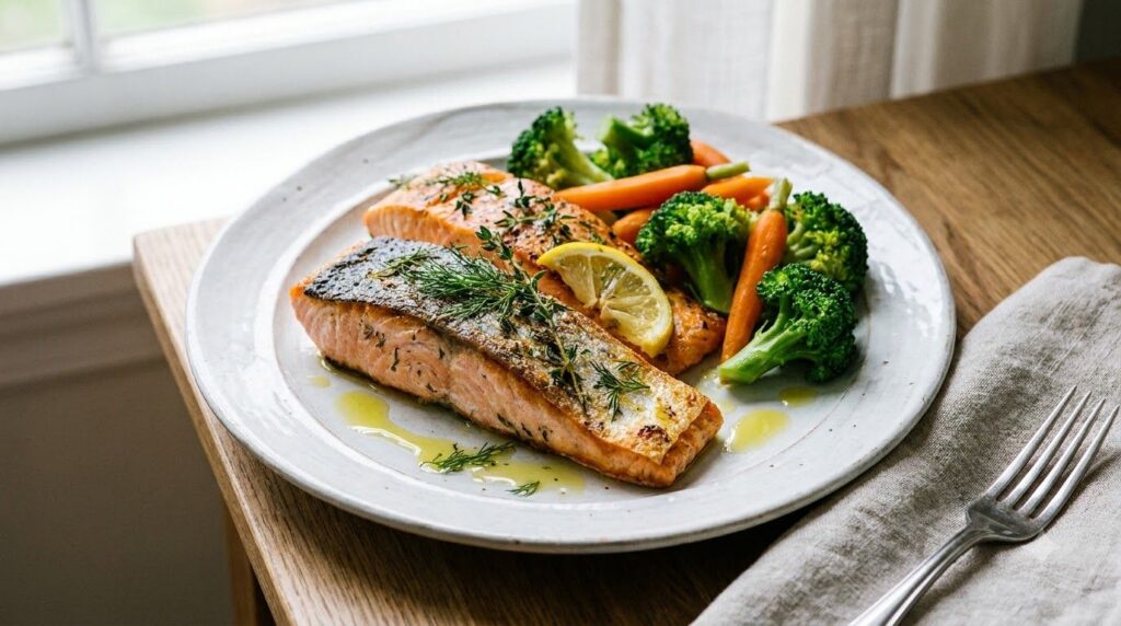 A close-up of beautifully roasted salmon fillets with herbs alongside steamed broccoli and carrots arranged on a plate t