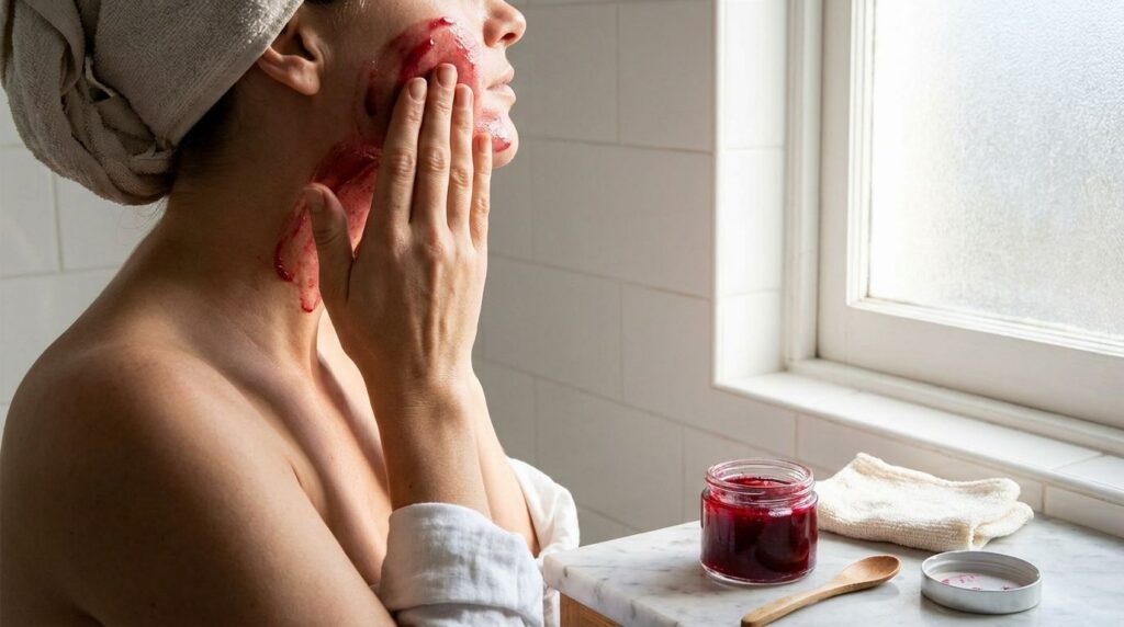 A woman s hands gently applying a vibrant red beetroot face gel to her clean face and neck with a focus on areas prone t