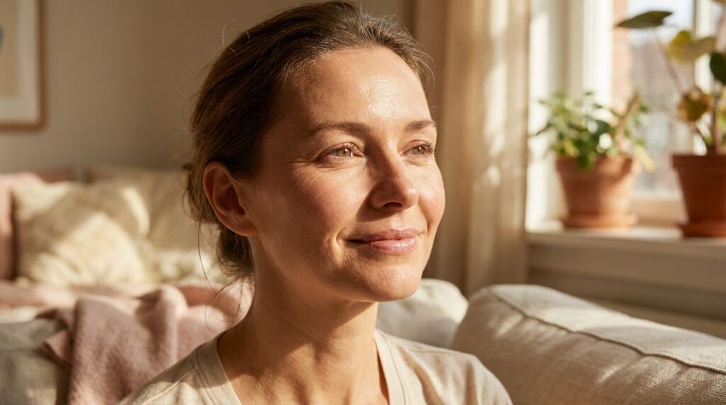 A close-up of a woman s face with visibly smoother radiant skin after consistent use of a beauty remedy showing a natura