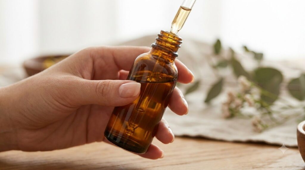 A person s hand holding a dropper bottle of the finished DIY Botox Oil blend showing its texture and color