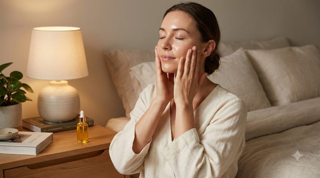 A woman applying the DIY face oil to her skin at night showing a radiant complexion