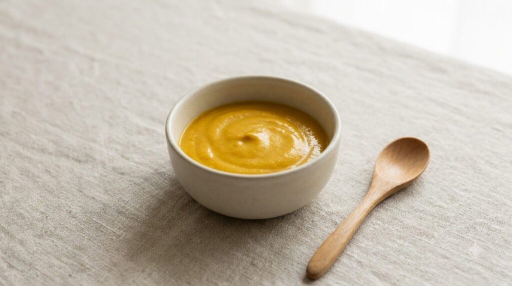 A small bowl containing a yellow creamy paste the DIY Vaseline turmeric and lemon mask with a spoon beside it ready for 
