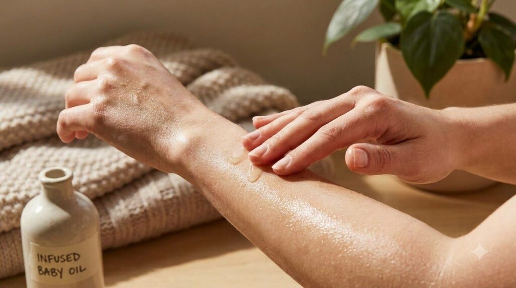 A close-up of a hand gently massaging infused baby oil onto a forearm showcasing glowing hydrated skin The background is