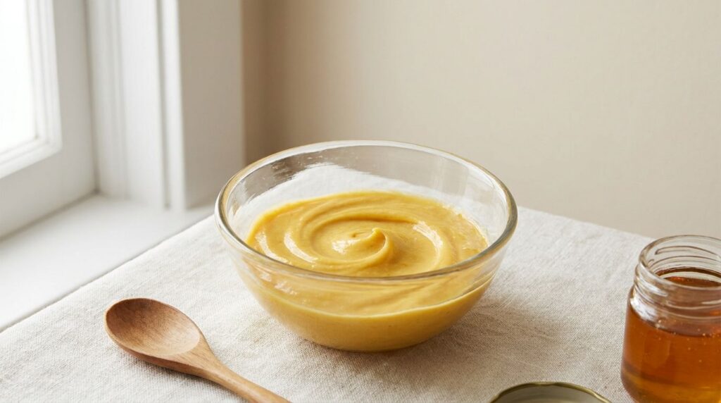 A small elegant glass bowl filled with the prepared yellow-orange honey Vaseline Greek yogurt and turmeric mask set on a
