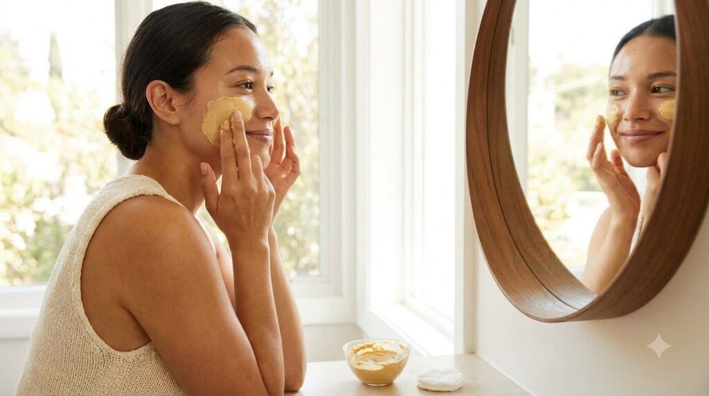 A woman gently applying a light yellow-orange face mask to her clean radiant skin looking refreshed and happy in a well-