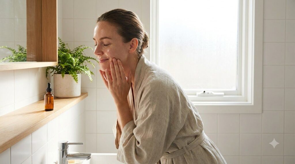 A woman gently massaging a few drops of oil into her face looking serene and enjoying her skincare routine