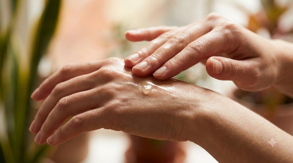 A close-up of a hand gently massaging a small amount of infused baby oil onto the back of another hand showing smooth gl