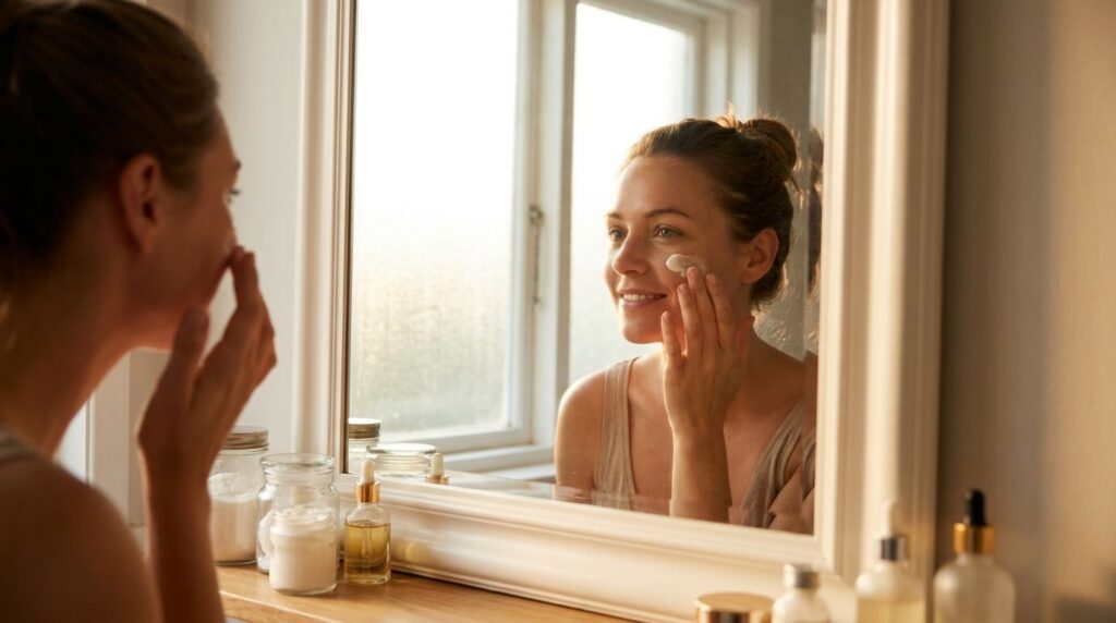 A woman gently applying a homemade mixture of petroleum jelly and baby powder to her face looking in a mirror with soft 