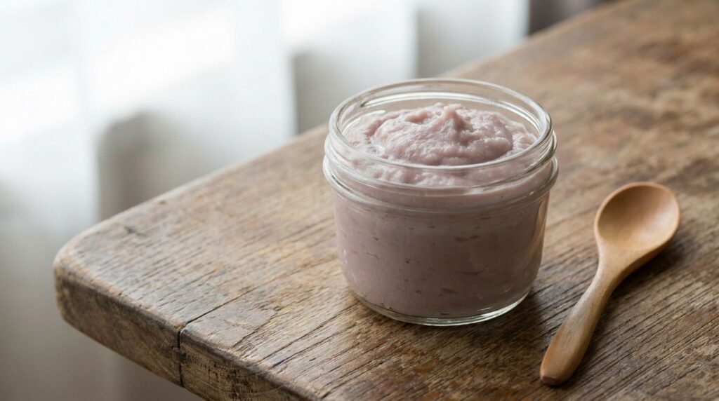 A small glass jar containing the freshly prepared taro root paste showcasing its smooth slightly off-white to purplish c