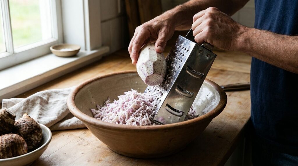 Hands grating a peeled taro root into a bowl showing the white and purple flecks of the grated root