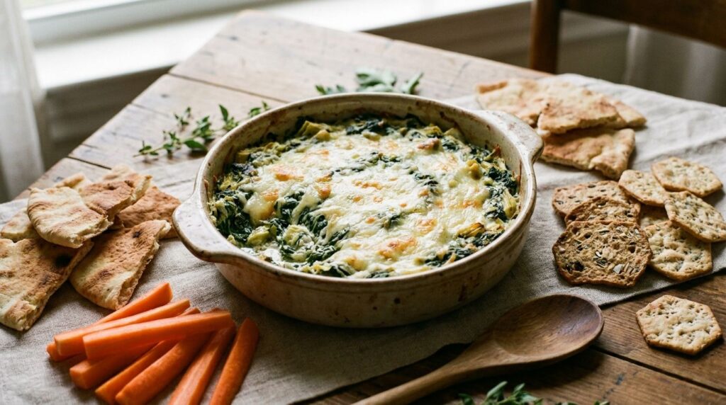 A beautifully presented spinach artichoke dip in a rustic baking dish surrounded by various dippers like pita bread carr