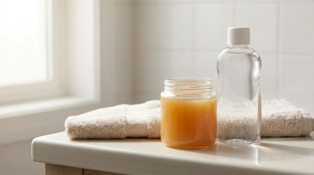 Two main ingredients for the glass skin balm a jar of petroleum jelly and a bottle of baby oil placed on a clean surface