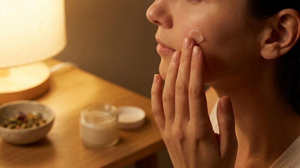 A person gently applying the homemade glass skin balm to their face at night showing a small amount of product on their 