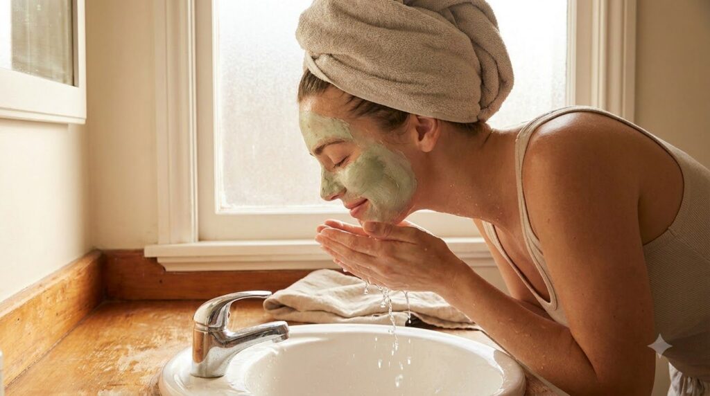 A woman gently rinsing a green cucumber and aloe vera mask from her face with water showing refreshed skin