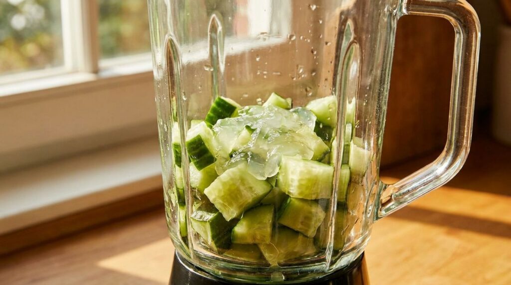 Close-up of a blender containing chopped cucumber and aloe vera gel ready to be blended into a mask