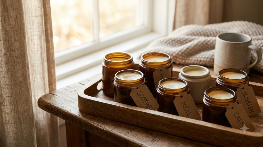 Various small jars and containers of homemade Vaseline mixes labeled with their primary benefits arranged neatly on a wo