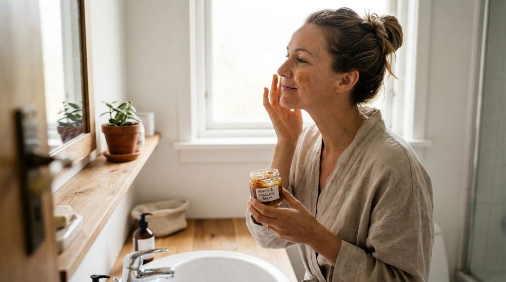 A woman gently applying a homemade Vaseline and honey mix to her face specifically on her cheeks with a soft natural exp